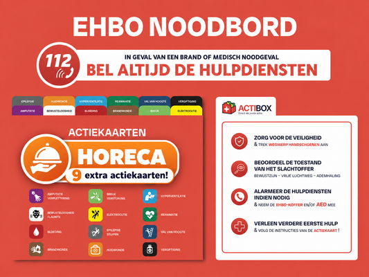 Horeca ActiBox — EHBO noodboard met 9 extra actiekaarten