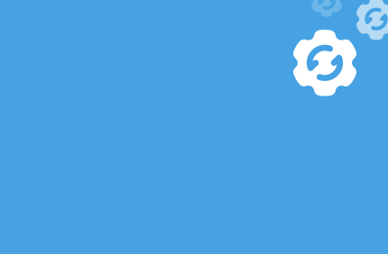 White flower-like logo on a blue background
