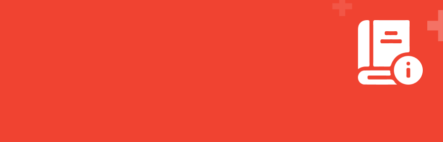 White icon of a book and information symbol on a red background