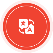 Red circular button with a white icon featuring text and arrows on a white background