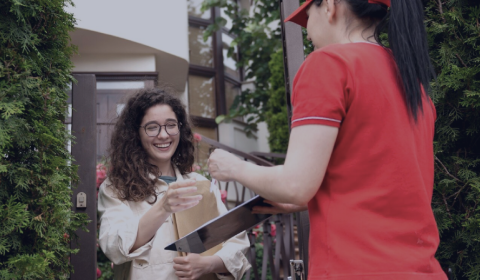 Woman receiving a package from a delivery person outside a house.