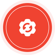 Red circular button with a white gear icon in the center